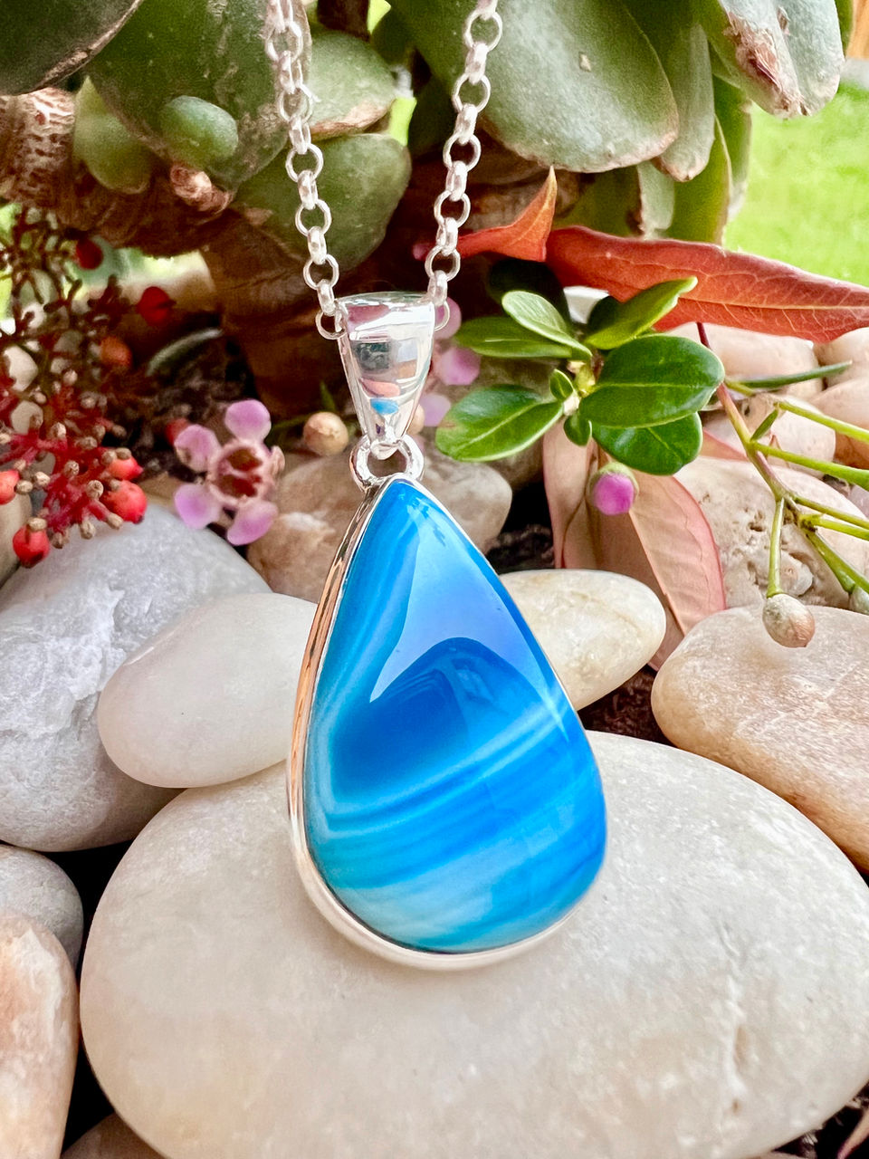 Blue Botswana Agate Sterling Silver Necklace